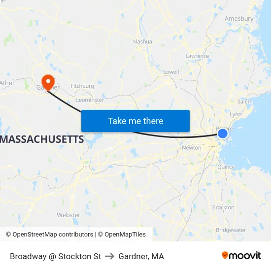 Broadway @ Stockton St to Gardner, MA map
