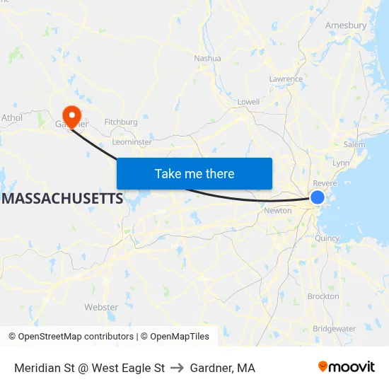 Meridian St @ West Eagle St to Gardner, MA map