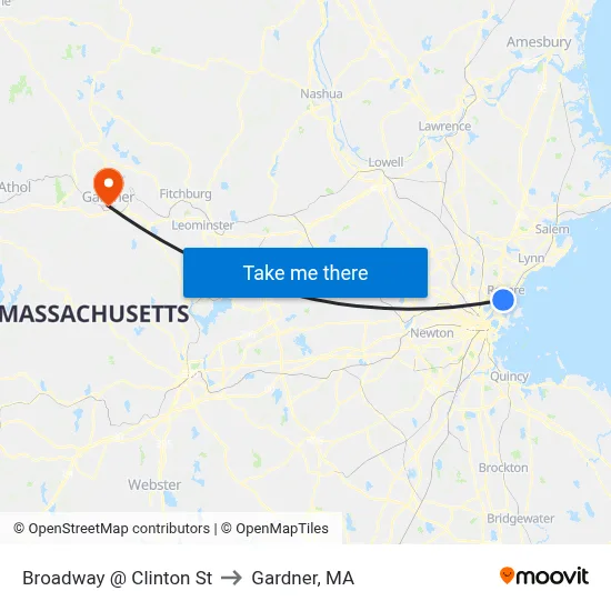 Broadway @ Clinton St to Gardner, MA map