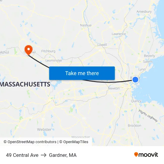 49 Central Ave to Gardner, MA map