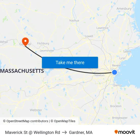 Maverick St @ Wellington Rd to Gardner, MA map