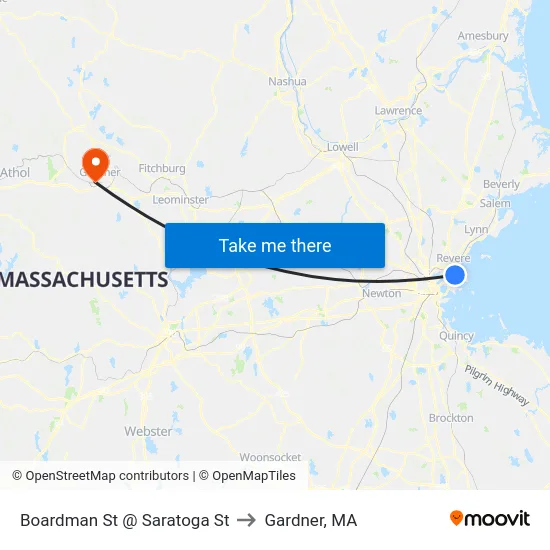 Boardman St @ Saratoga St to Gardner, MA map