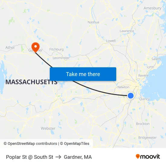 Poplar St @ South St to Gardner, MA map