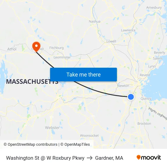Washington St @ W Roxbury Pkwy to Gardner, MA map
