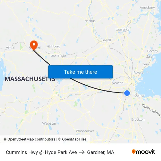 Cummins Hwy @ Hyde Park Ave to Gardner, MA map