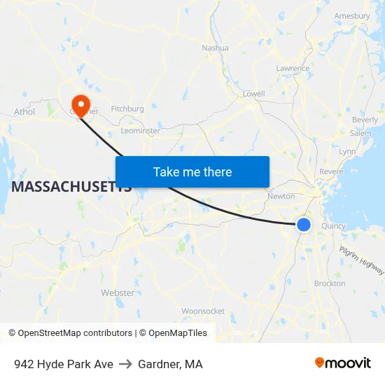 942 Hyde Park Ave to Gardner, MA map