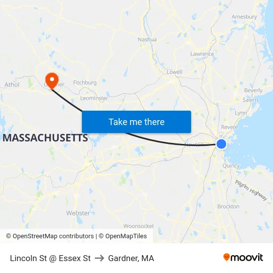 Lincoln St @ Essex St to Gardner, MA map