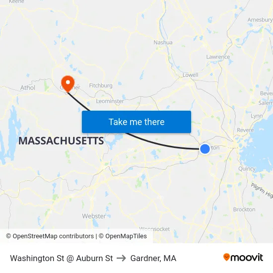 Washington St @ Auburn St to Gardner, MA map