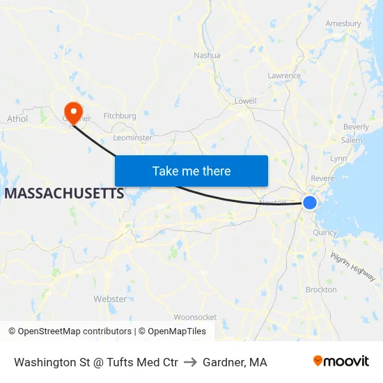 Washington St @ Tufts Med Ctr to Gardner, MA map