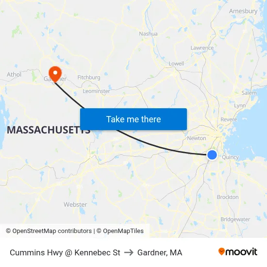 Cummins Hwy @ Kennebec St to Gardner, MA map