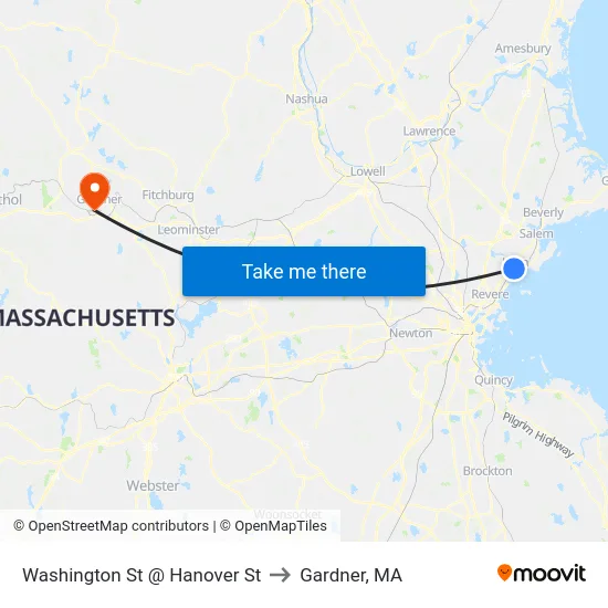 Washington St @ Hanover St to Gardner, MA map