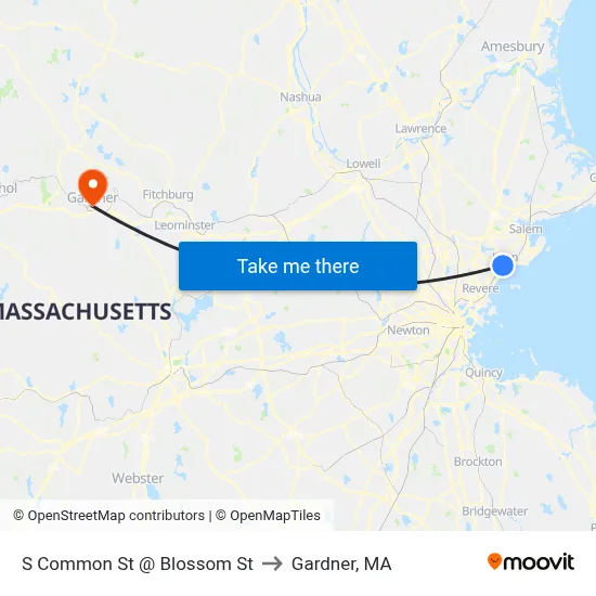 S Common St @ Blossom St to Gardner, MA map