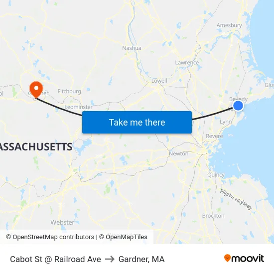 Cabot St @ Railroad Ave to Gardner, MA map