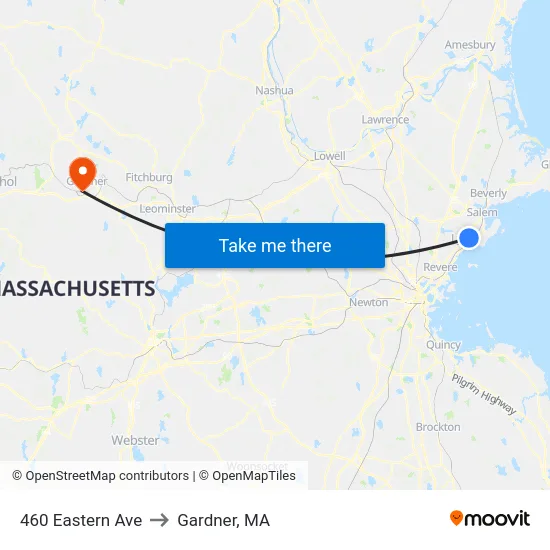 460 Eastern Ave to Gardner, MA map