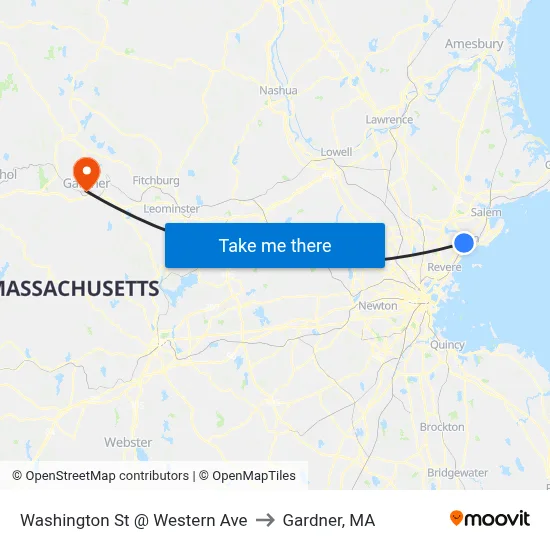 Washington St @ Western Ave to Gardner, MA map