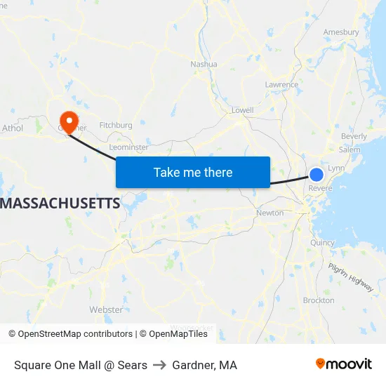 Square One Mall @ Sears to Gardner, MA map