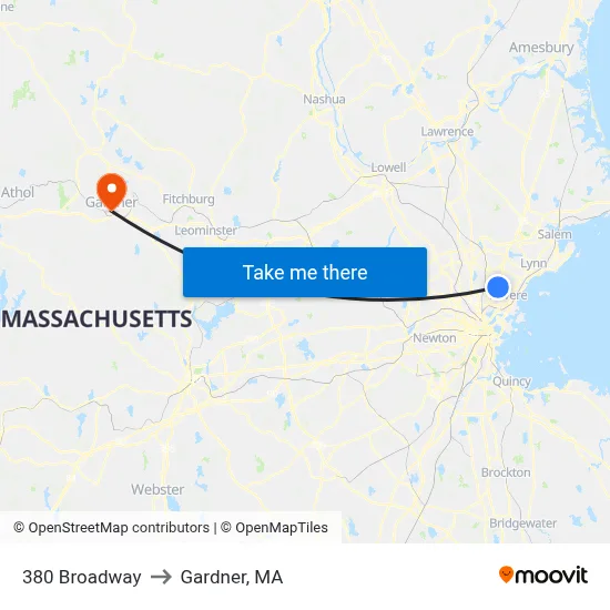 380 Broadway to Gardner, MA map