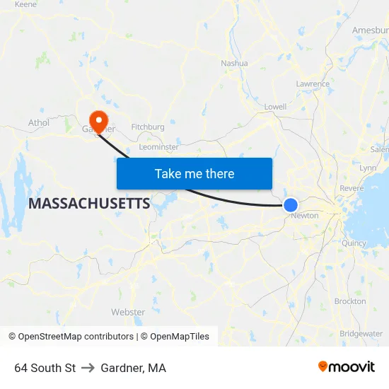 64 South St to Gardner, MA map