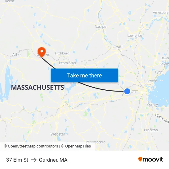 37 Elm St to Gardner, MA map