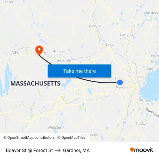 Beaver St @ Forest St to Gardner, MA map
