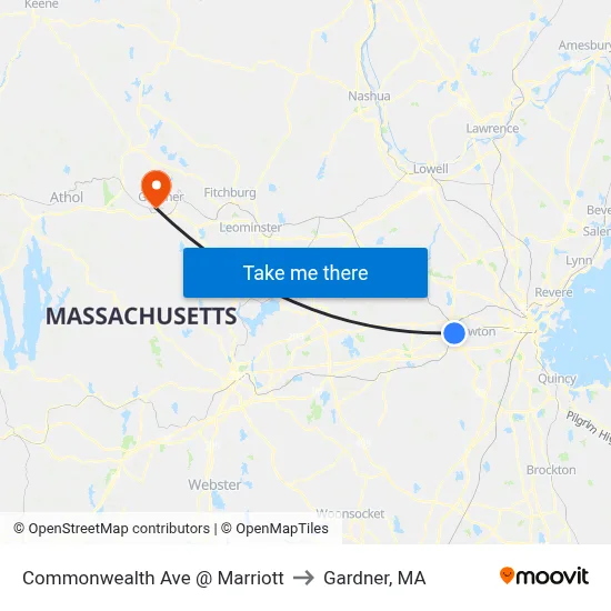 Commonwealth Ave @ Marriott to Gardner, MA map