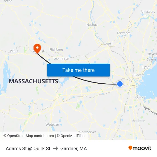 Adams St @ Quirk St to Gardner, MA map