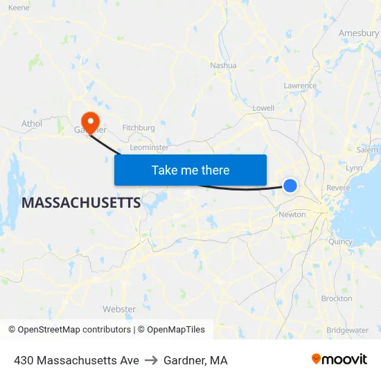 430 Massachusetts Ave to Gardner, MA map