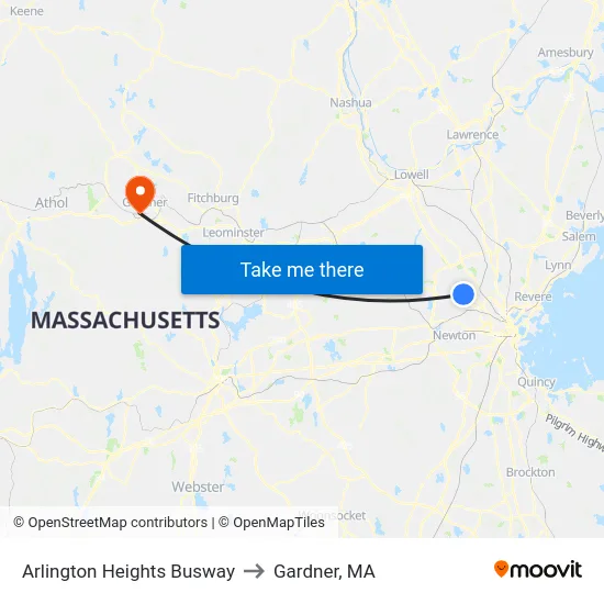 Arlington Heights Busway to Gardner, MA map