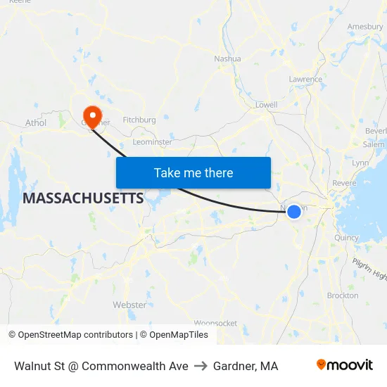 Walnut St @ Commonwealth Ave to Gardner, MA map