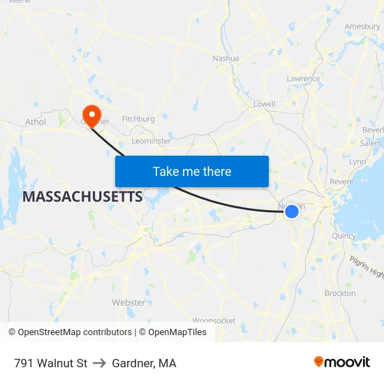 791 Walnut St to Gardner, MA map