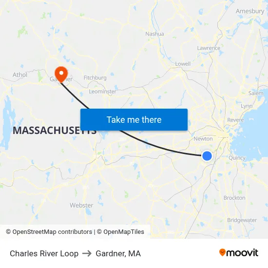 Charles River Loop to Gardner, MA map