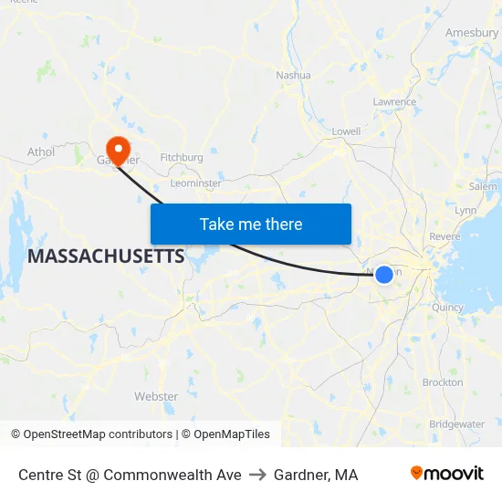 Centre St @ Commonwealth Ave to Gardner, MA map