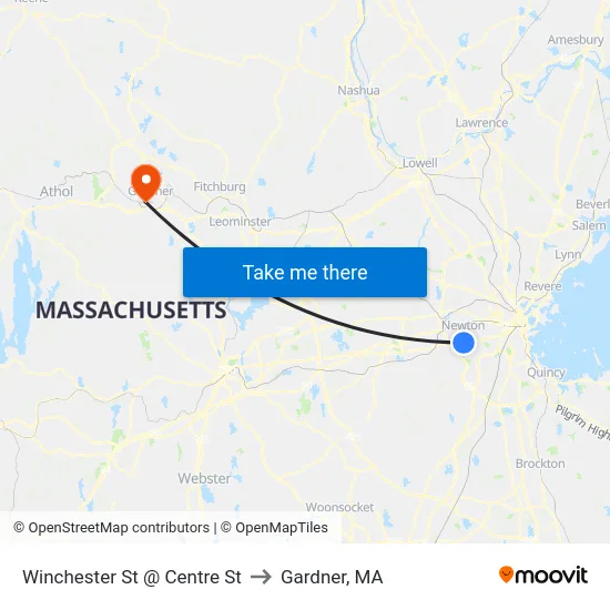 Winchester St @ Centre St to Gardner, MA map