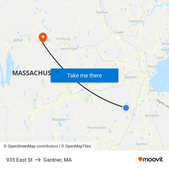 935 East St to Gardner, MA map