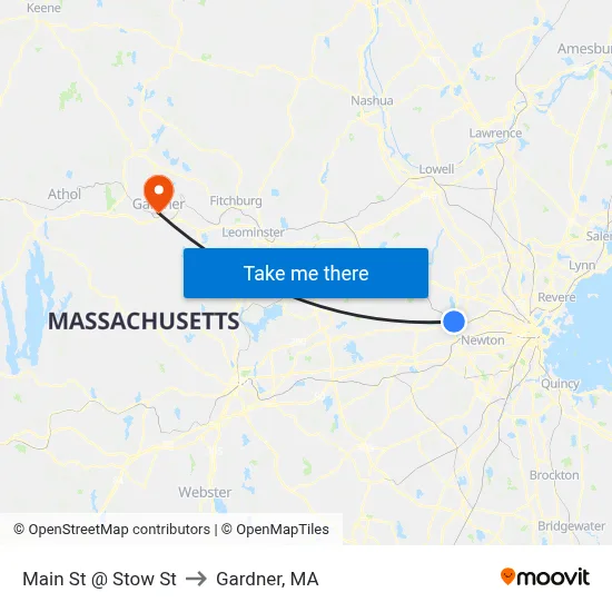 Main St @ Stow St to Gardner, MA map