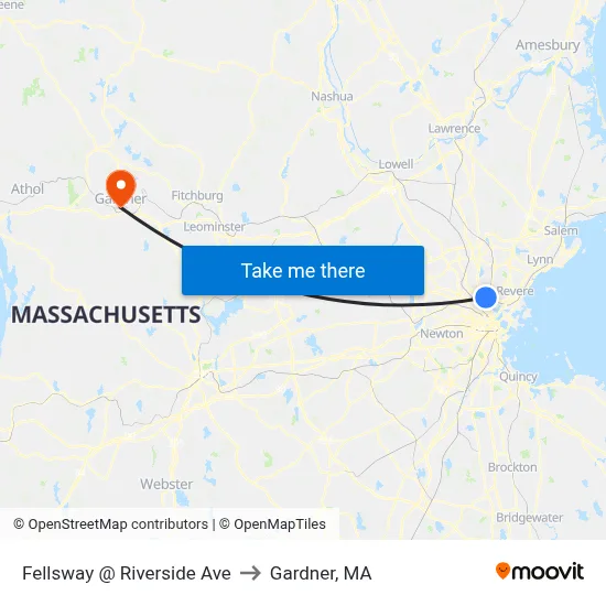 Fellsway @ Riverside Ave to Gardner, MA map