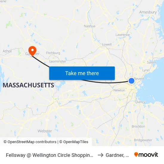 Fellsway @ Wellington Circle Shopping Ctr to Gardner, MA map