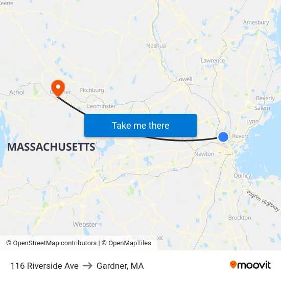 116 Riverside Ave to Gardner, MA map