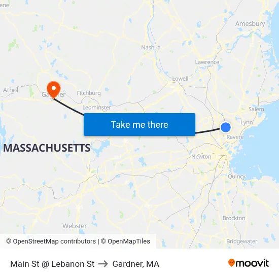 Main St @ Lebanon St to Gardner, MA map