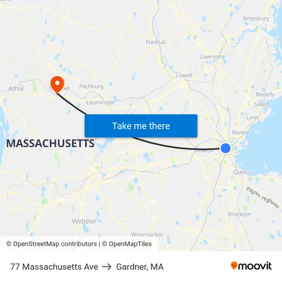 77 Massachusetts Ave to Gardner, MA map