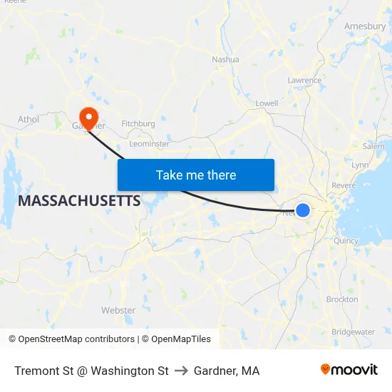 Tremont St @ Washington St to Gardner, MA map