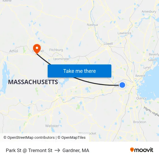 Park St @ Tremont St to Gardner, MA map