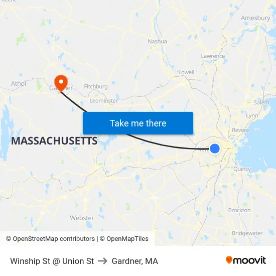Winship St @ Union St to Gardner, MA map