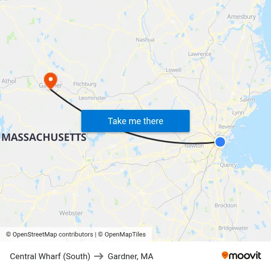 Central Wharf (South) to Gardner, MA map