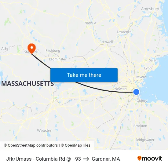 Jfk/Umass - Columbia Rd @ I-93 to Gardner, MA map