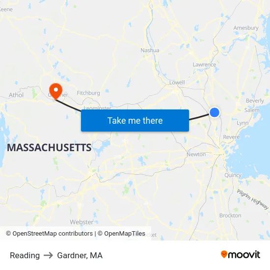 Reading to Gardner, MA map