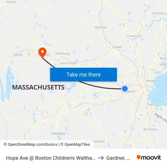 Hope Ave @ Boston Children's Waltham to Gardner, MA map