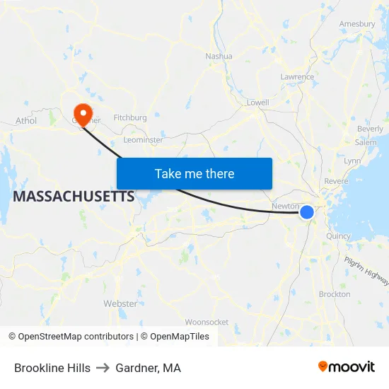 Brookline Hills to Gardner, MA map