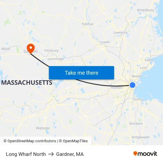Long Wharf North to Gardner, MA map