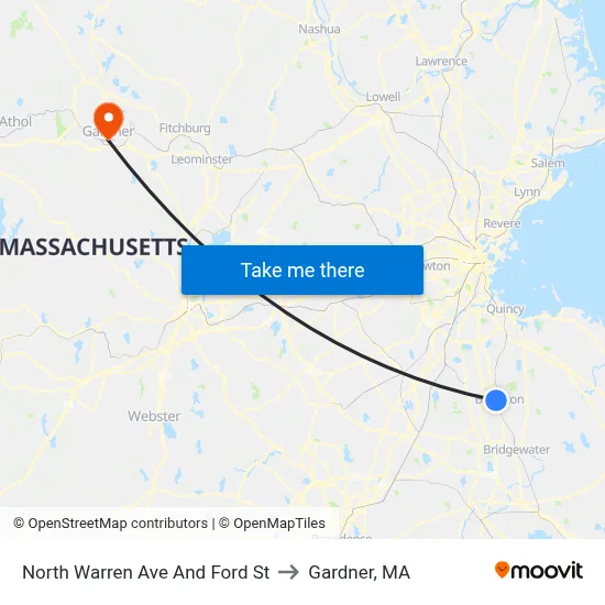 North Warren Ave And Ford St to Gardner, MA map